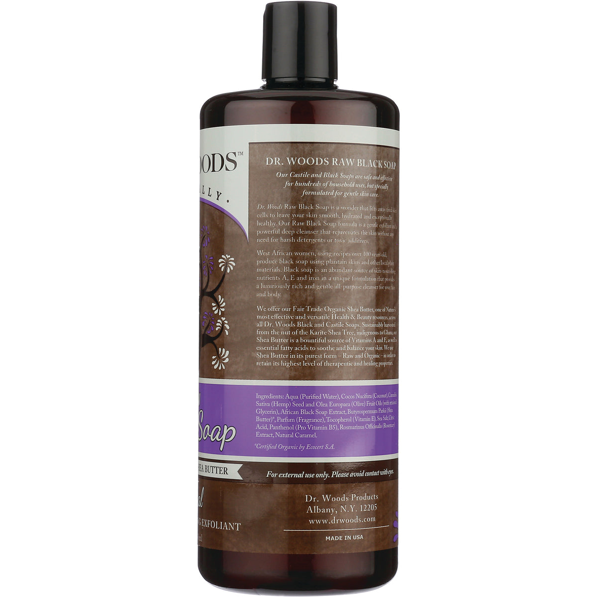 DRW005 | back label of Dr. Woods raw black soap bottle showing ingredients and product information