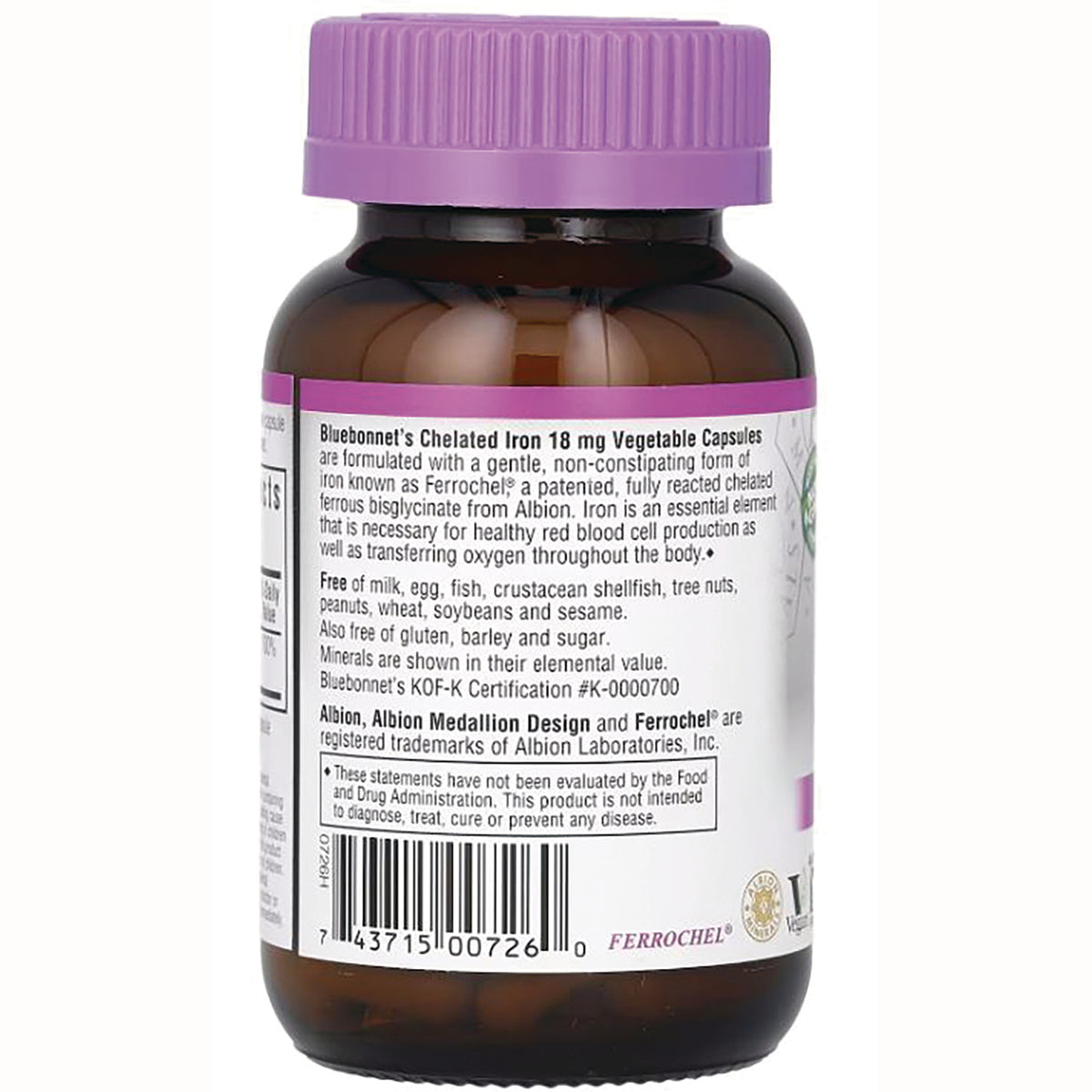 BLU067 | Back of brown supplement bottle with purple cap showing ingredient text, warnings and barcode