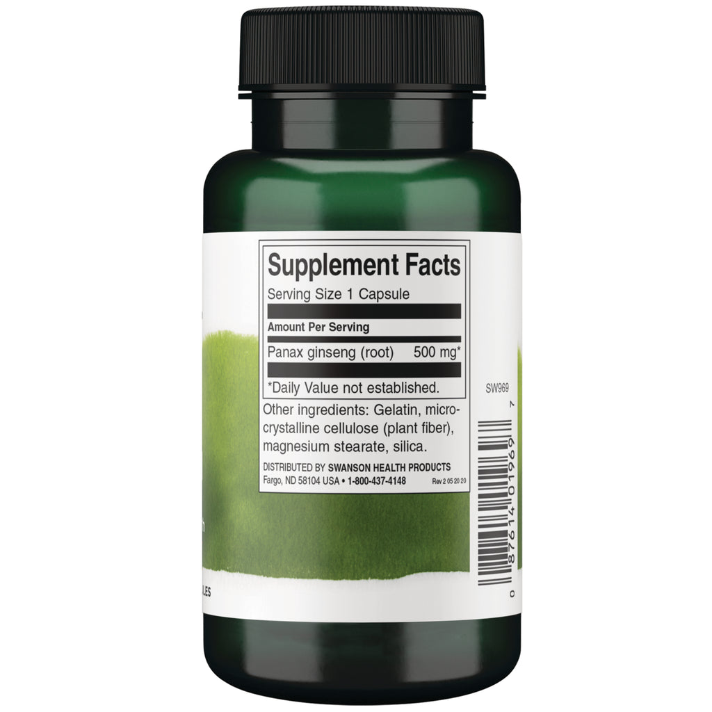 SW969 | Back label with Supplement Facts panel for Panax ginseng root 500 mg capsules with other ingredients - Thumbnail