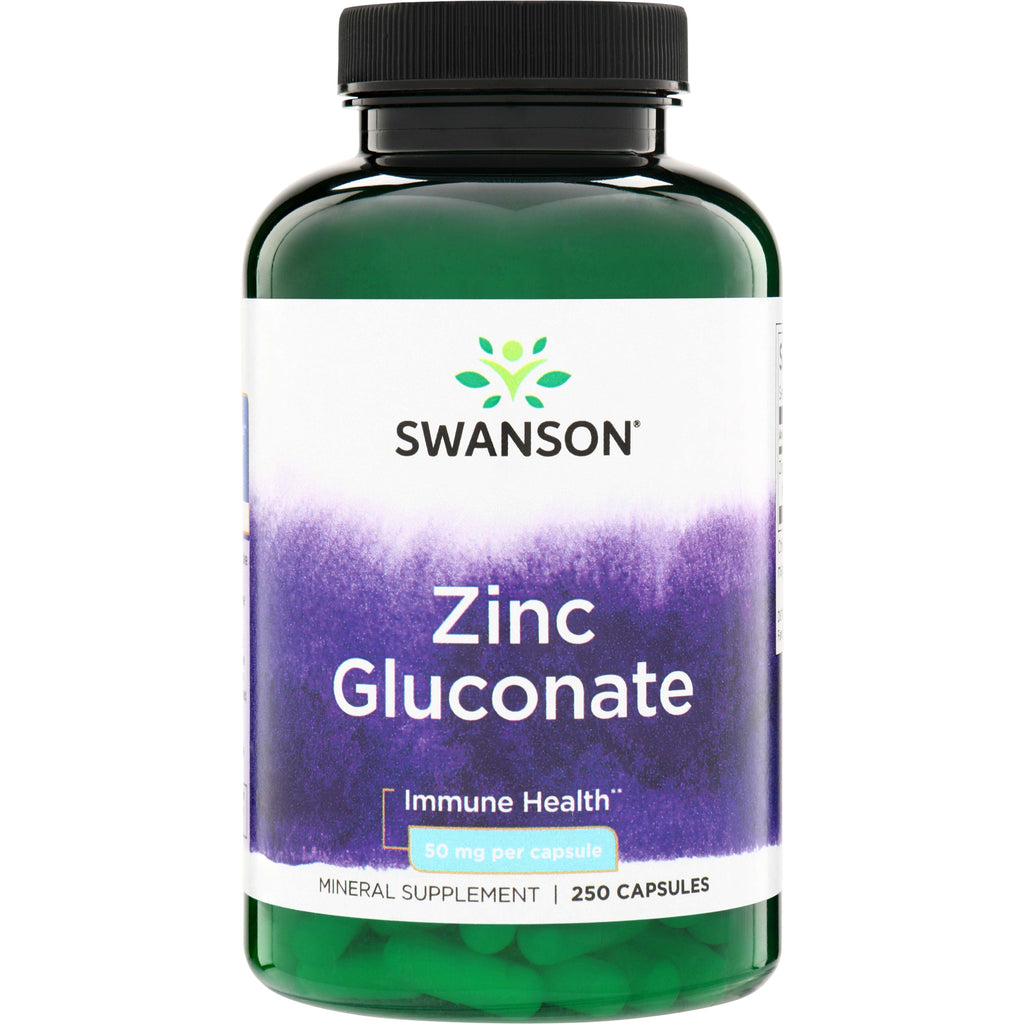 SW206 | Swanson Zinc Gluconate bottle front label, 250 capsules, 50 mg per capsule, Immune Health - Thumbnail