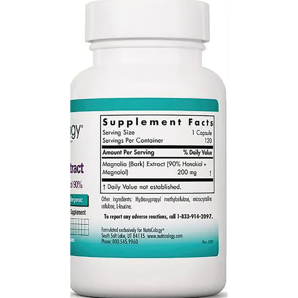 NCL117 | back label showing Supplement Facts panel, Magnolia (Bark) Extract 200 mg, serving size 1 capsule, 120 servings - Thumbnail