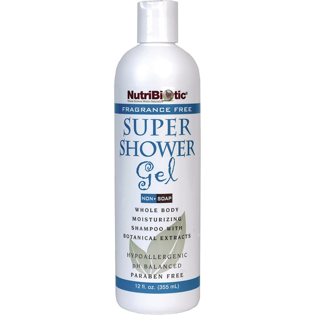 NUB013 | NutriBiotic Super Shower Gel fragrance free white bottle, 12 fl oz, front label - Thumbnail