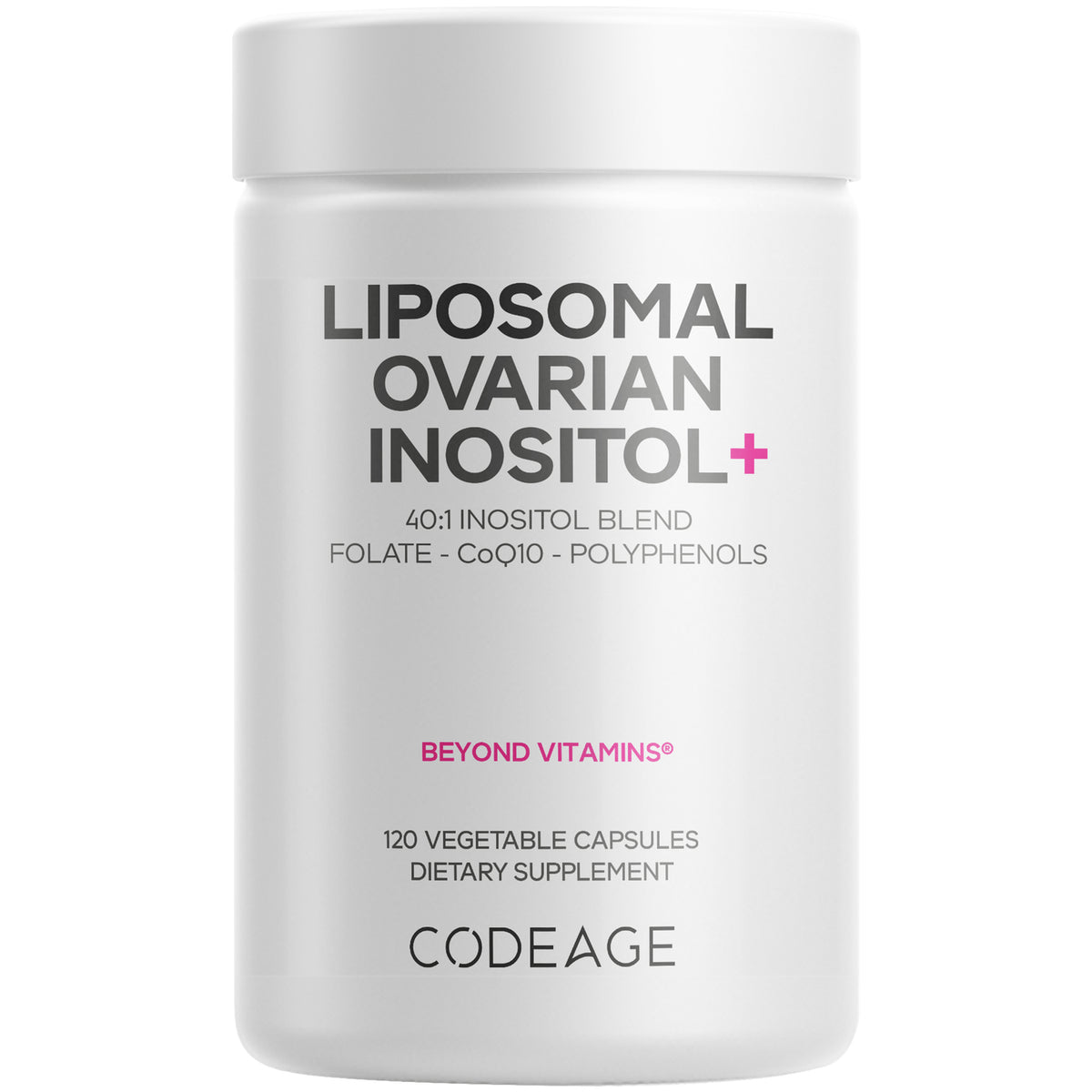 CDG045 | White Codeage bottle labeled LIPOSOMAL OVARIAN INOSITOL, BEYOND VITAMINS, 120 vegetable capsules