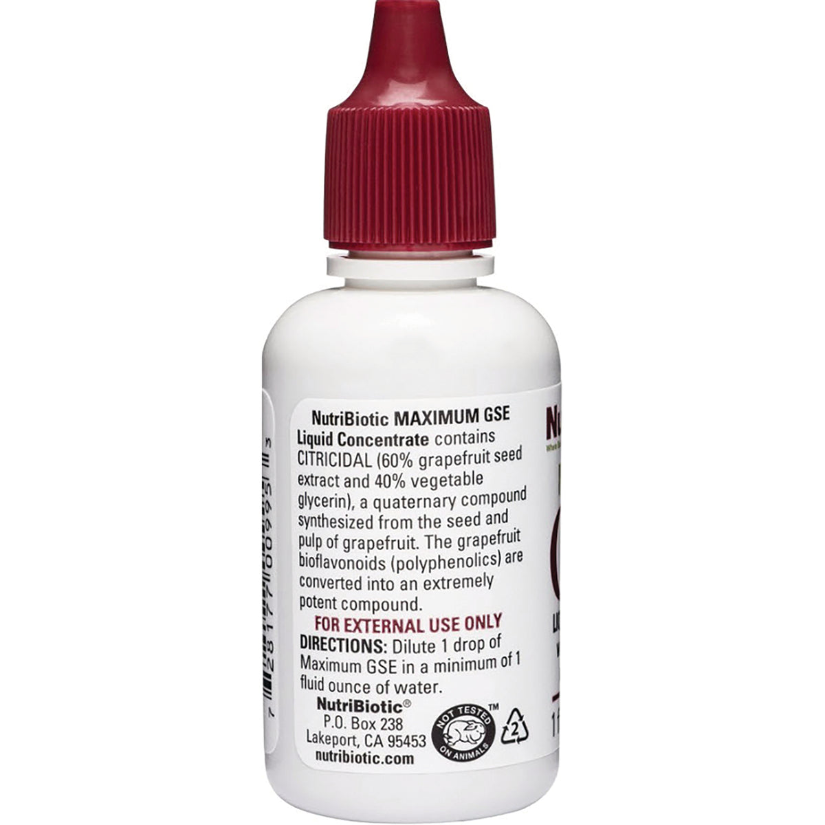 NUB016 | back of white plastic bottle with red dropper cap showing NutriBiotic MAXIMUM GSE label with directions and FOR EXTERNAL USE ONLY warning