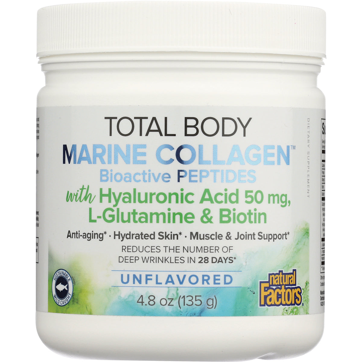 NFC202 | White jar of Total Body Marine Collagen bioactive peptides with Hyaluronic Acid 50 mg, L-Glutamine & Biotin, unflavored 4.8 oz
