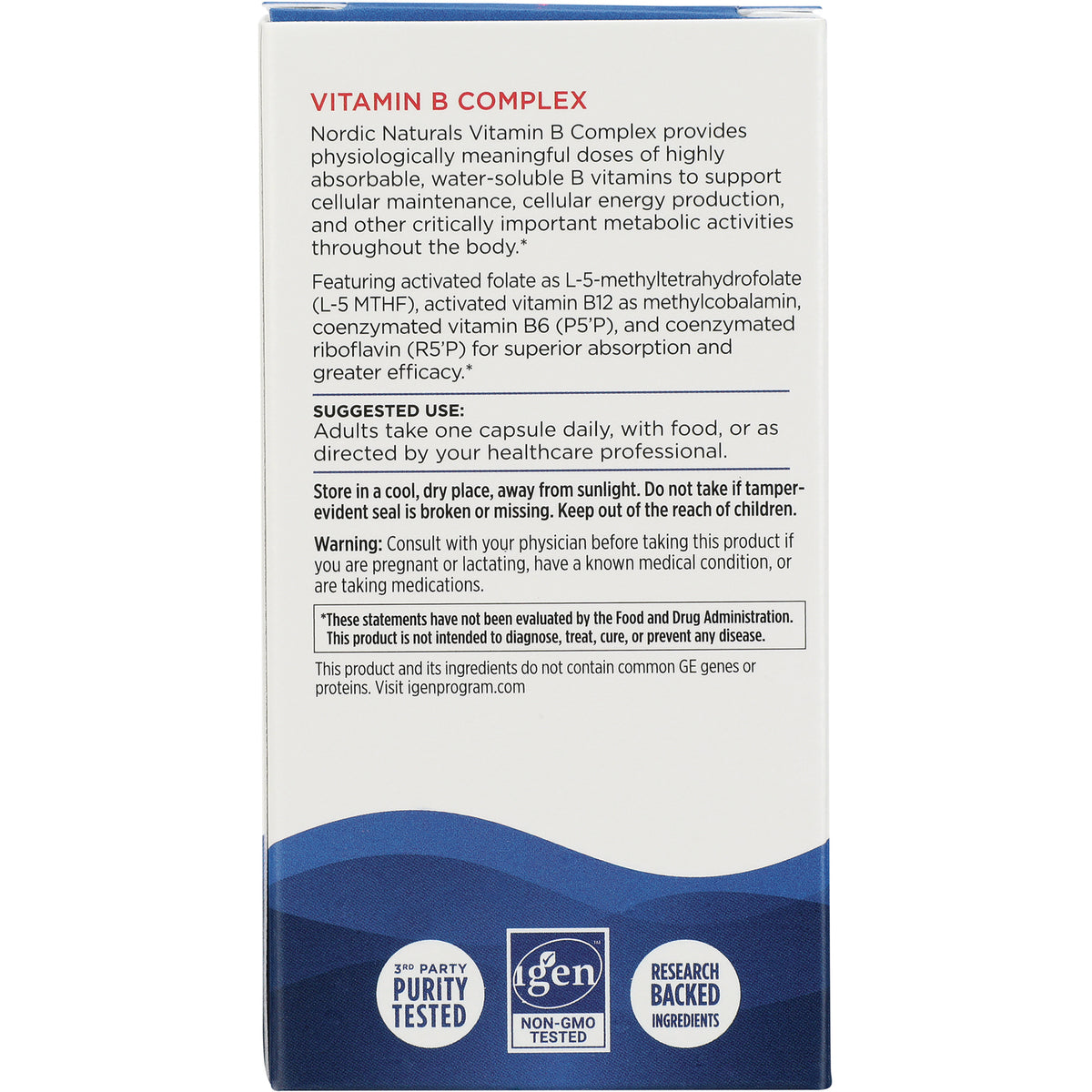NRN099 | Back of Nordic Naturals Vitamin B Complex box showing suggested use, warnings, and icons labeled PURITY TESTED NON-GMO TESTED