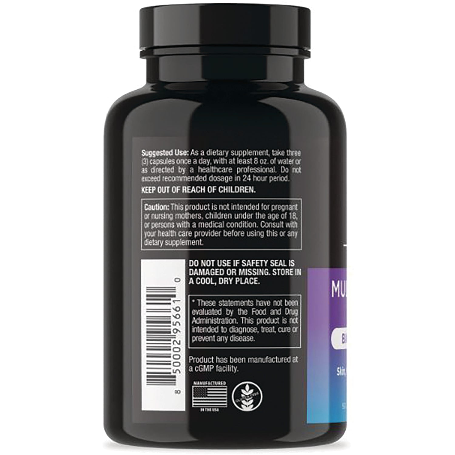 DRE002 | Back label of black supplement bottle showing usage directions, warnings and barcode