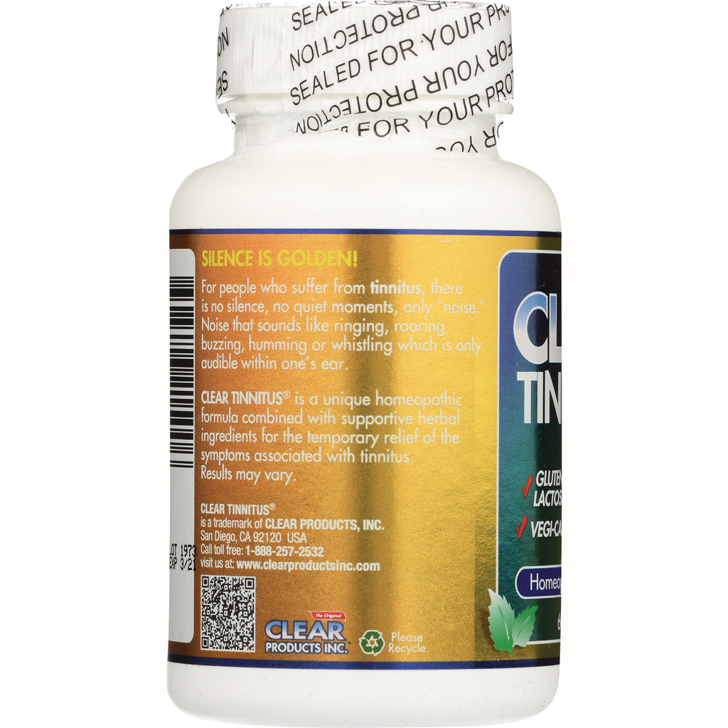 CLP009 | Back of white supplement bottle with gold label reading SILENCE IS GOLDEN!, barcode, QR code and tamper-evident cap - Thumbnail