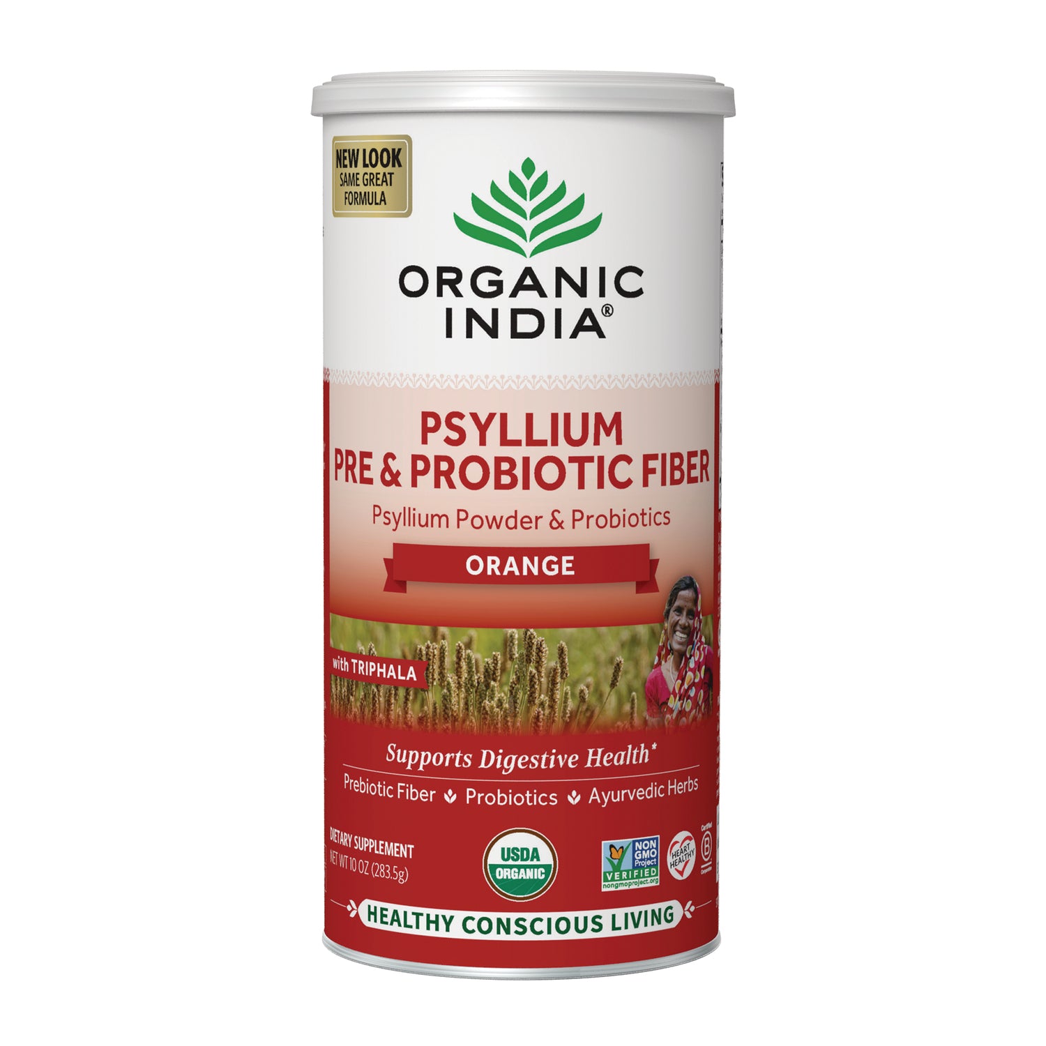 RGN112 | Organic India psyllium pre & probiotic fiber orange supplement can, front label with brand name and USDA Organic seal