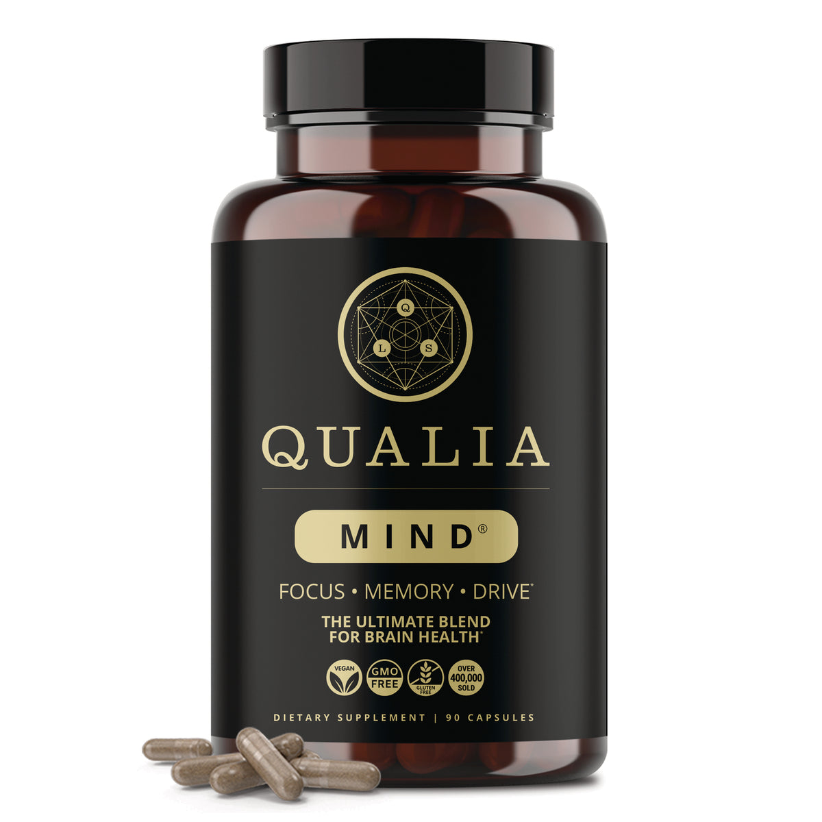 NEH011 | Qualia MIND black and gold supplement bottle labeled QUALIA MIND with several gray capsules at base