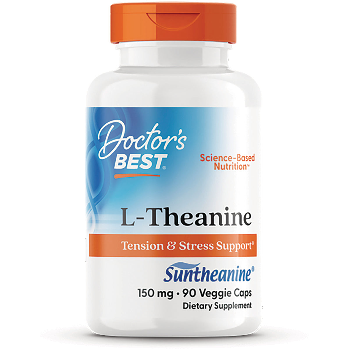 DB118 | Doctor's Best L-Theanine bottle, 150 mg, 90 veggie caps, Tension & Stress Support label