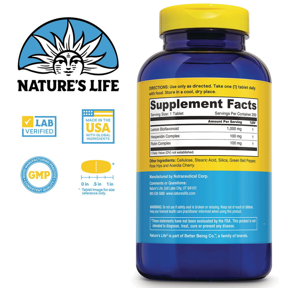 NSL071 | Back of blue supplement bottle showing Supplement Facts panel, ingredient list, warnings, and brand logos