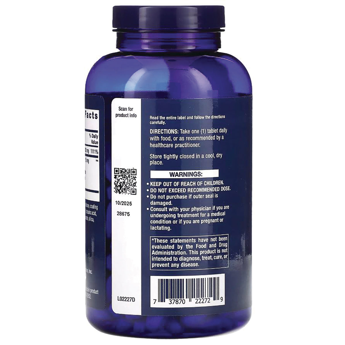 LE458 | Back of blue supplement bottle showing directions, warnings, barcode, and QR code