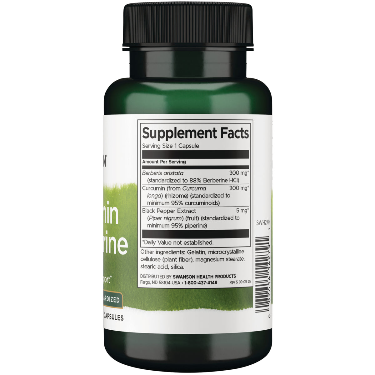 SWH279 | Back label with Supplement Facts; berberine 300 mg, curcumin 300 mg, black pepper extract 5 mg