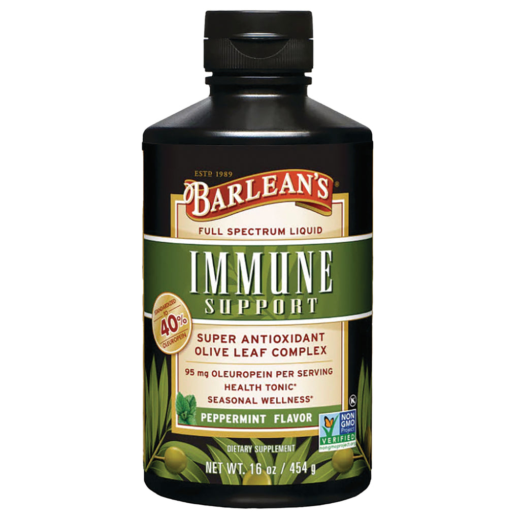 Barlean's Immune Support peppermint liquid 16 oz bottle with olive leaf complex front label, Non-GMO Verified - Thumbnail