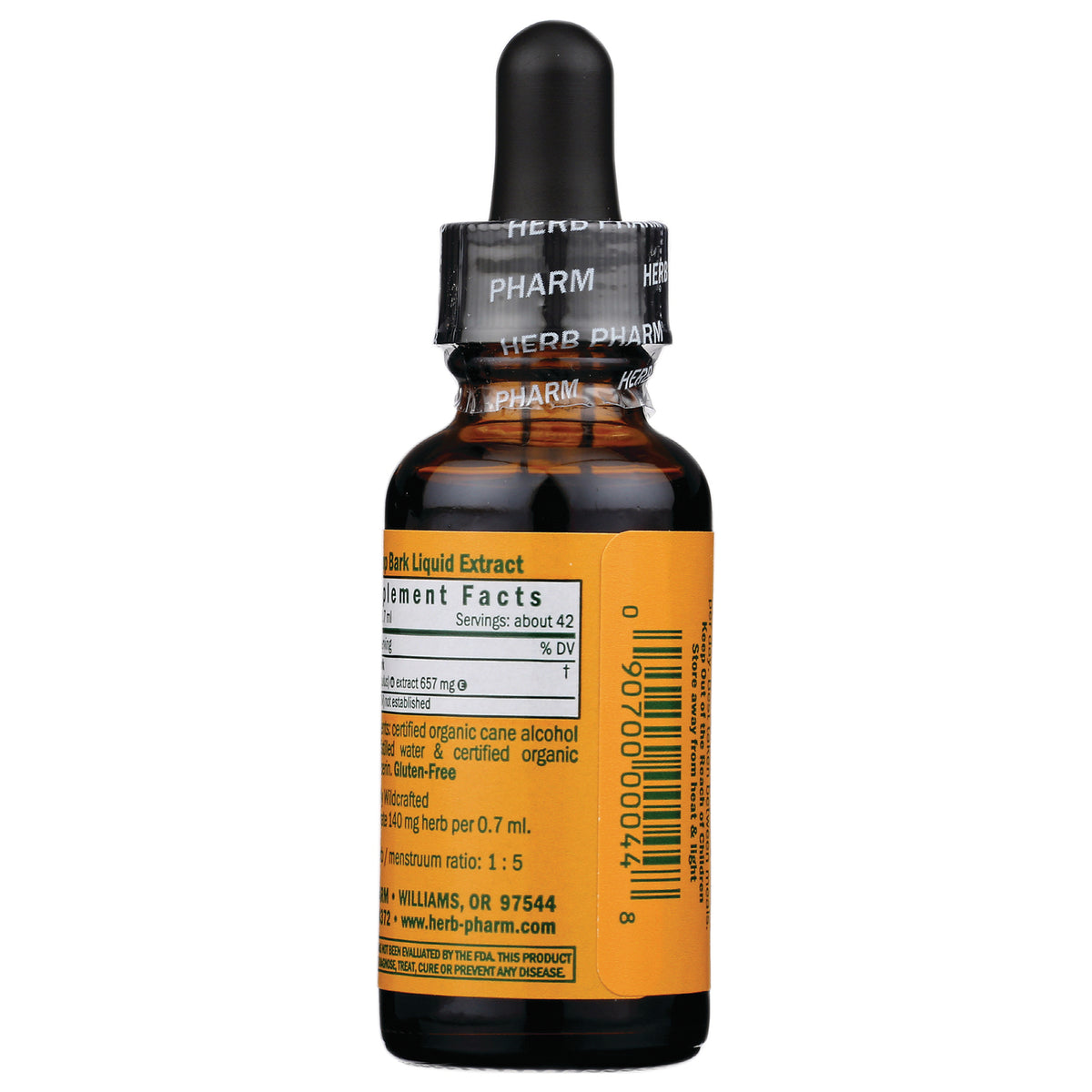 HPH103 | back of amber dropper bottle showing supplement facts and barcode on orange label