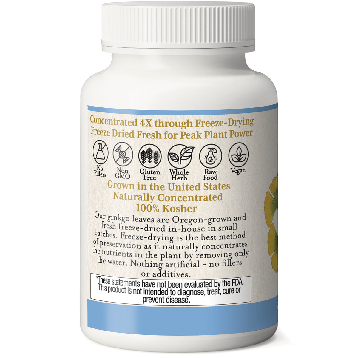 EC004 | Back label of white supplement bottle with freeze-dried claims, icons for Non GMO, Gluten Free, Vegan, and FDA disclaimer