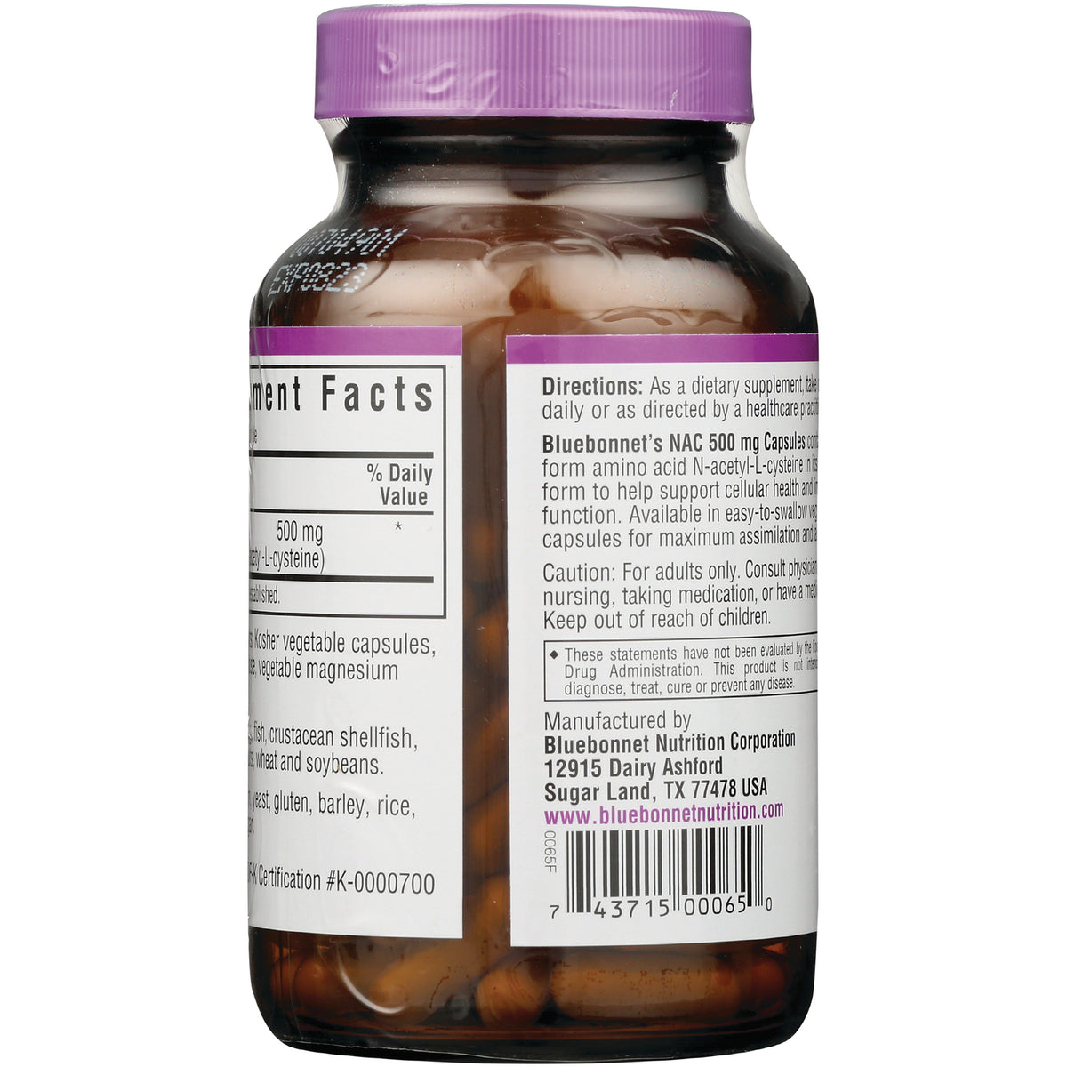 BLU103 | Back of brown supplement bottle showing directions, supplement facts panel and barcode