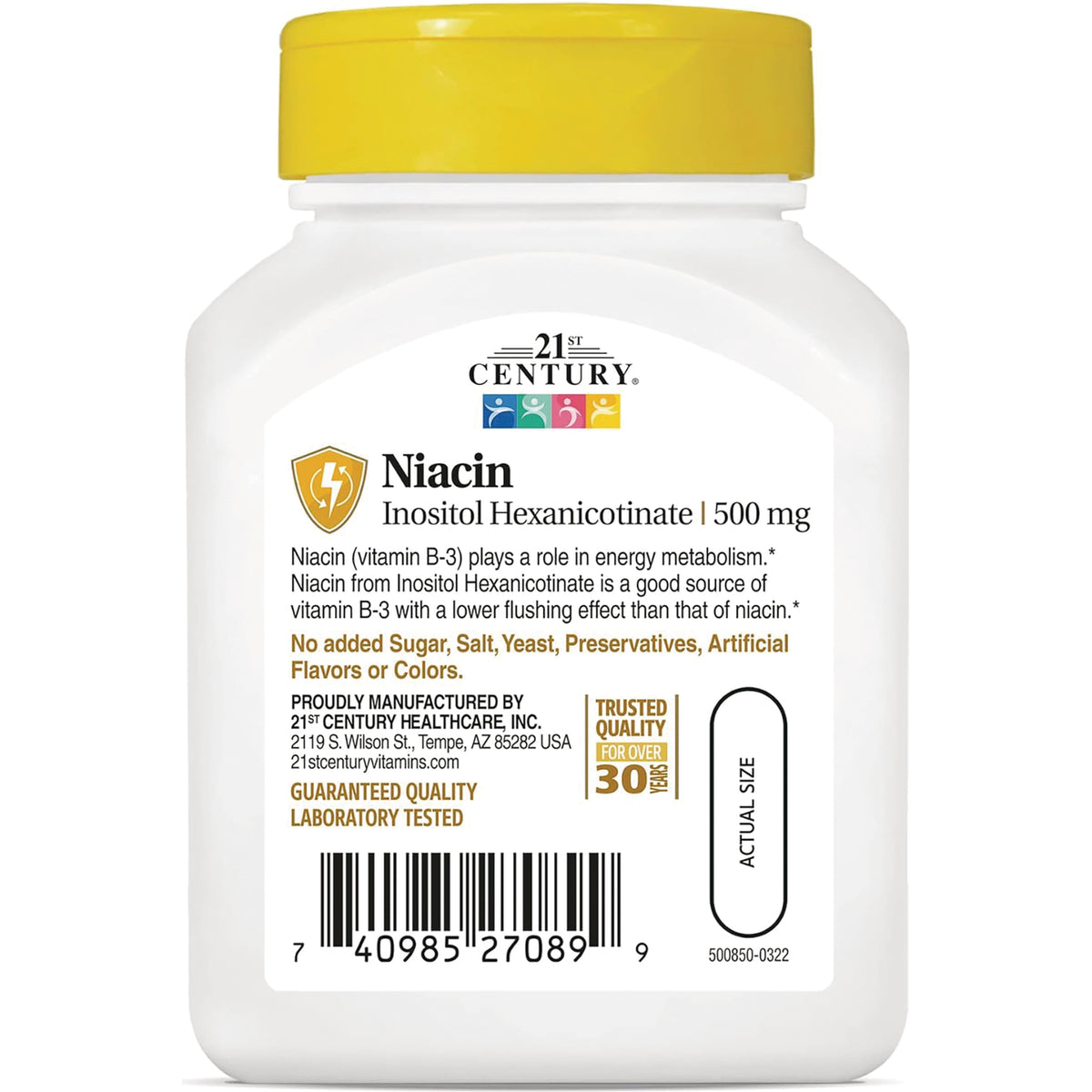 CNT110 | back label of 21st Century Niacin Inositol Hexanicotinate 500 mg bottle showing product info, no added sugar claim and barcode