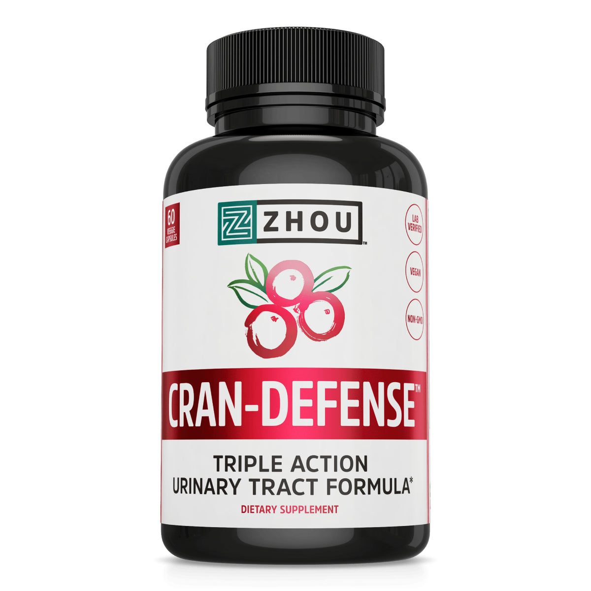 ZOU012 | Zhou Cran-Defense supplement bottle front, 60 veggie capsules, Triple Action Urinary Tract Formula