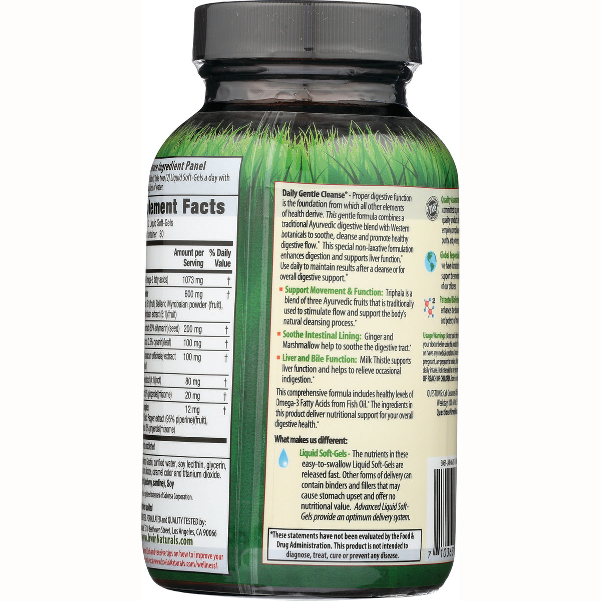 IR084 | product infographic showing back label with supplement facts, benefits, and usage on green bottle