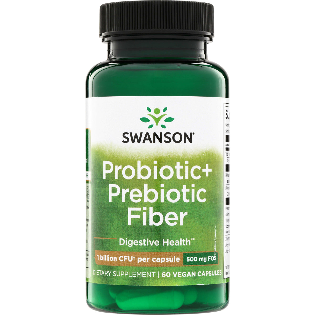 SWA038 | Swanson Probiotic+ Prebiotic Fiber, Digestive Health, 1 billion CFU per capsule, 500 mg FOS, 60 vegan capsules