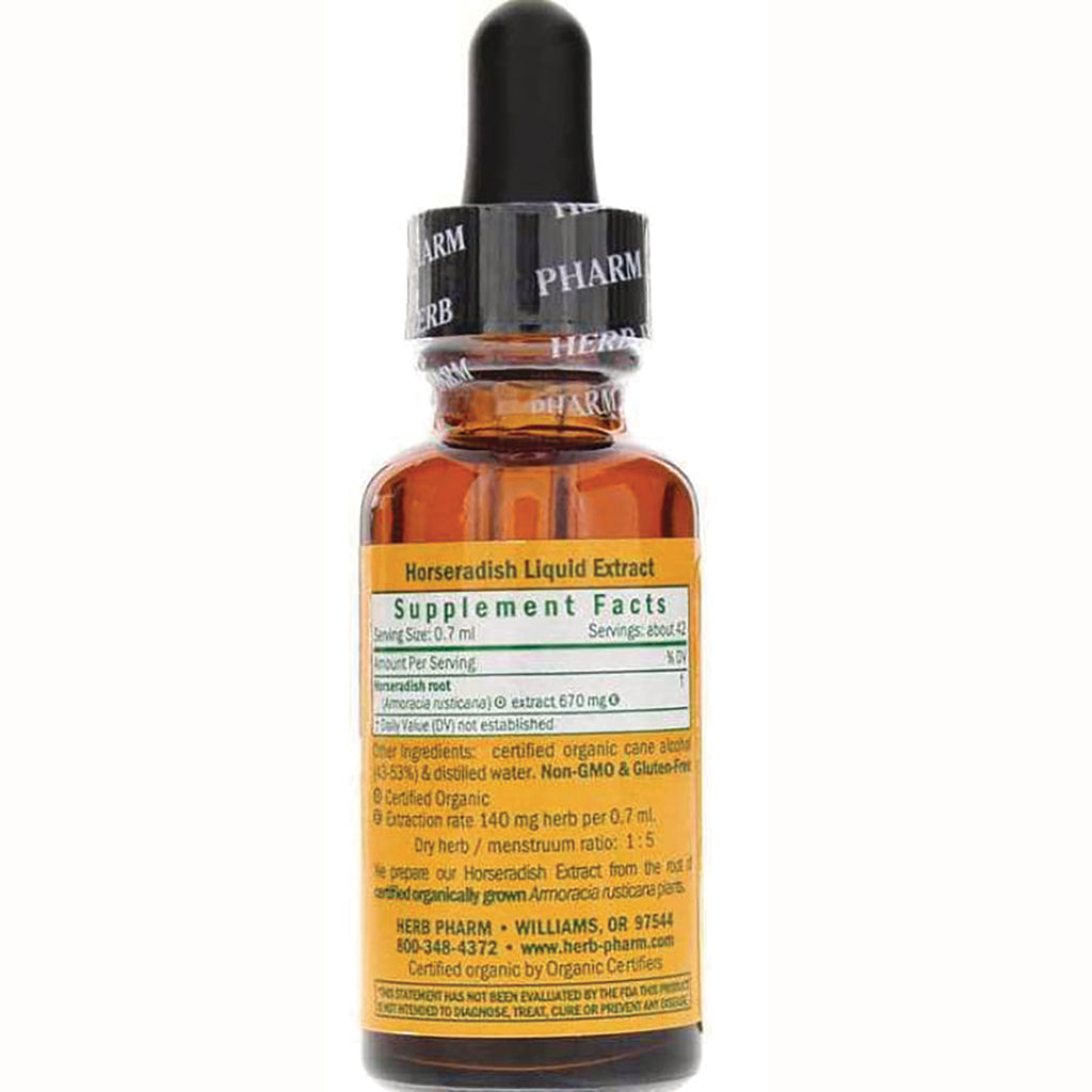 HPH057 | brown dropper bottle back label showing Horseradish Liquid Extract supplement facts and ingredients - Thumbnail