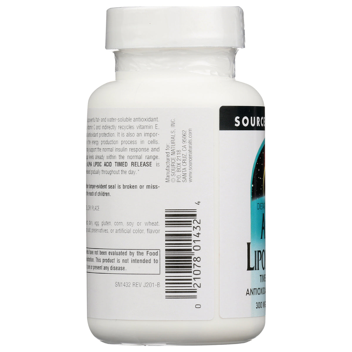 SN098 | Back label with barcode and supplement information on Source Naturals bottle