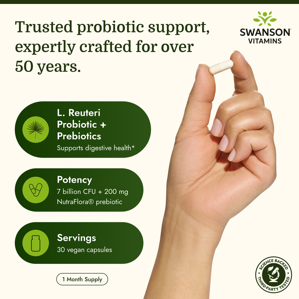 SWA025 | Swanson L. Reuteri Plus bottle labeled 7 billion CFU + 200 mg FOS and strains Lactobacillus reuteri, rhamnosus, acidophilus
