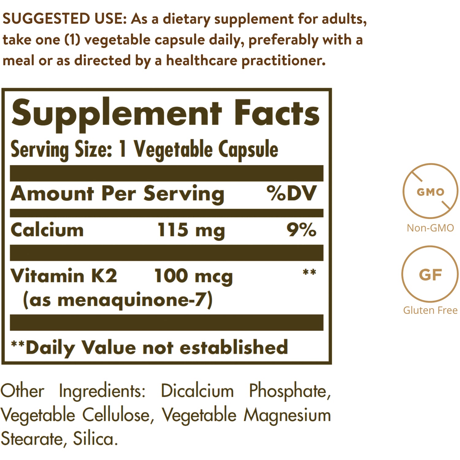 SLG334 | Supplement facts panel showing serving size 1 vegetable capsule, Calcium 115 mg, Vitamin K2 100 mcg, other ingredients, Non-GMO and Gluten Free icons