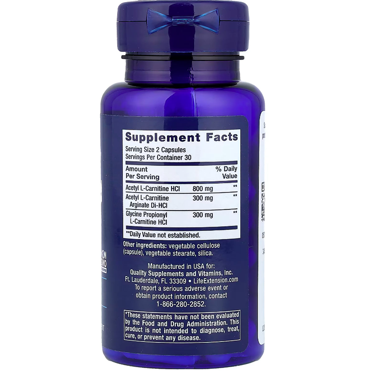 LE448 | Back label of Life Extension supplement bottle with Supplement Facts and ingredient amounts