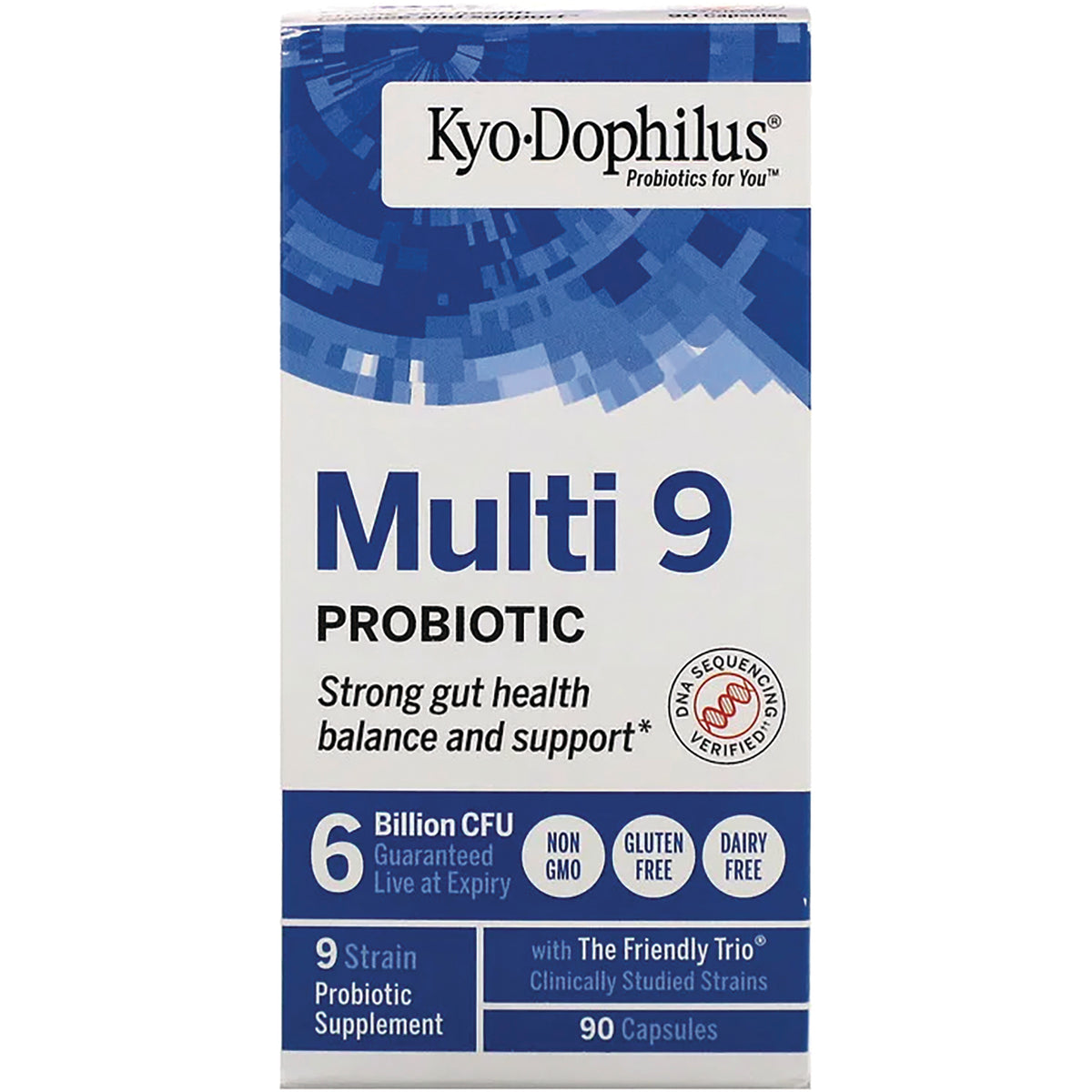 KY072 | Multi 9 probiotic supplement box showing front panel, 90 capsules, 6 billion CFU, gluten free dairy free