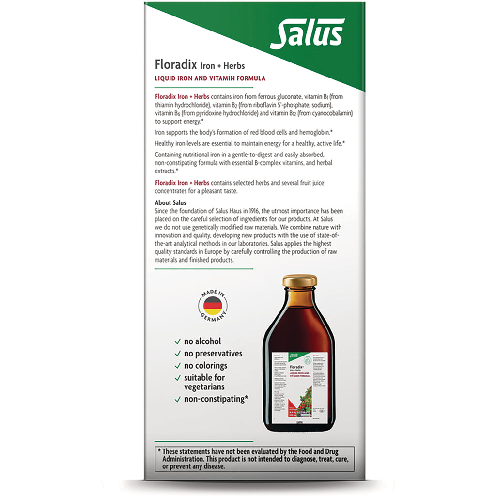 FDX002 | Back panel of Floradix Iron + Herbs box showing ingredients, claims, and a small product bottle image - Thumbnail