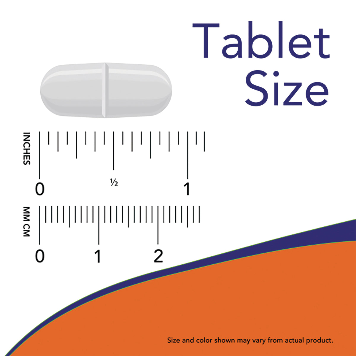 NWF1379 | white scored tablet next to inch and millimeter rulers labeled Tablet Size