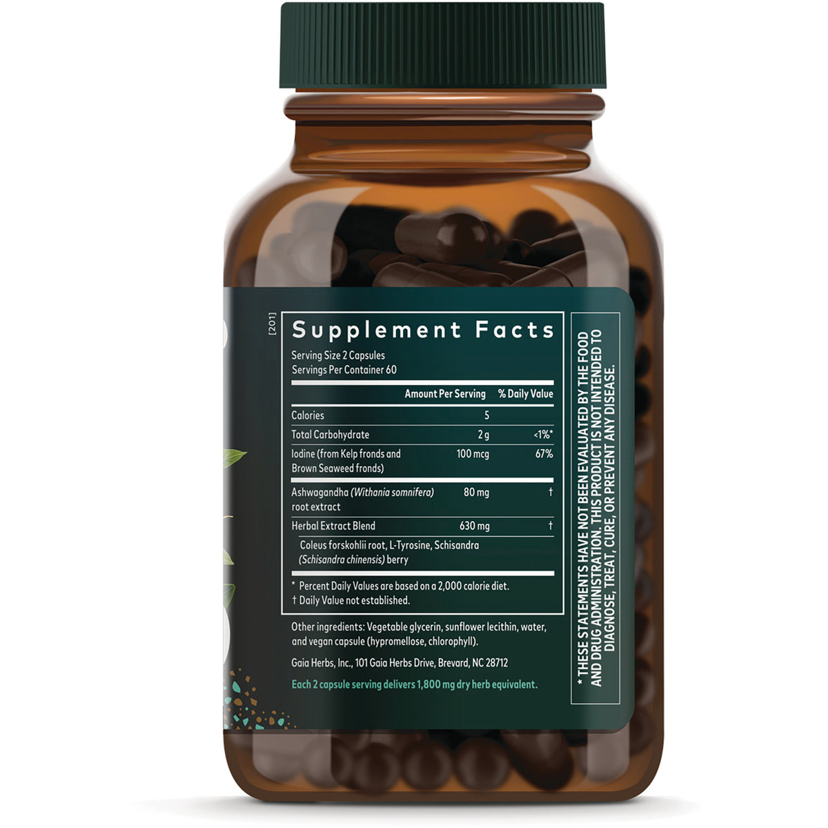 Supplement facts label on back of amber supplement bottle showing serving size, ingredients, and nutrient amounts