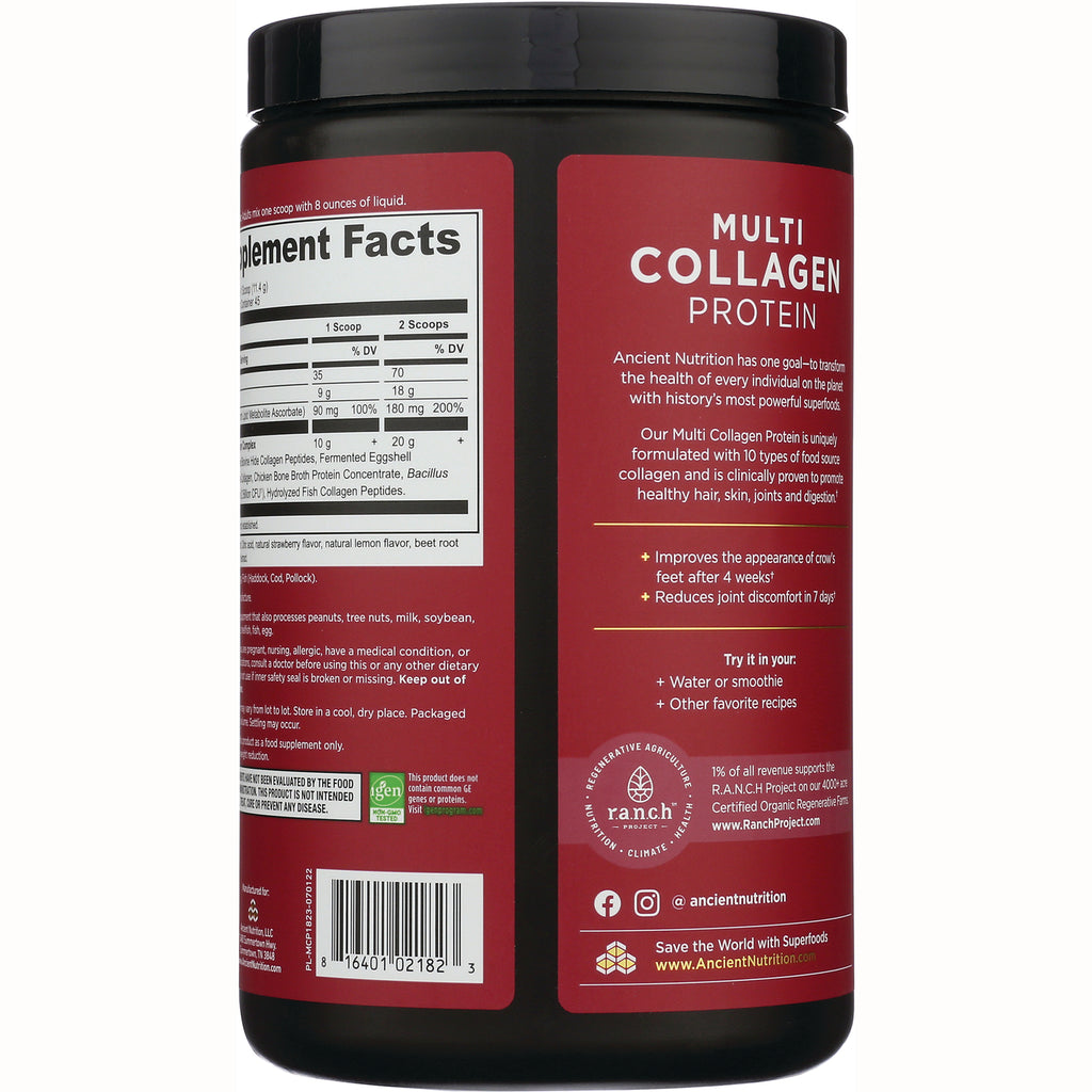 ATN102 | back label of Multi Collagen Protein tub showing Supplement Facts and product information - Thumbnail