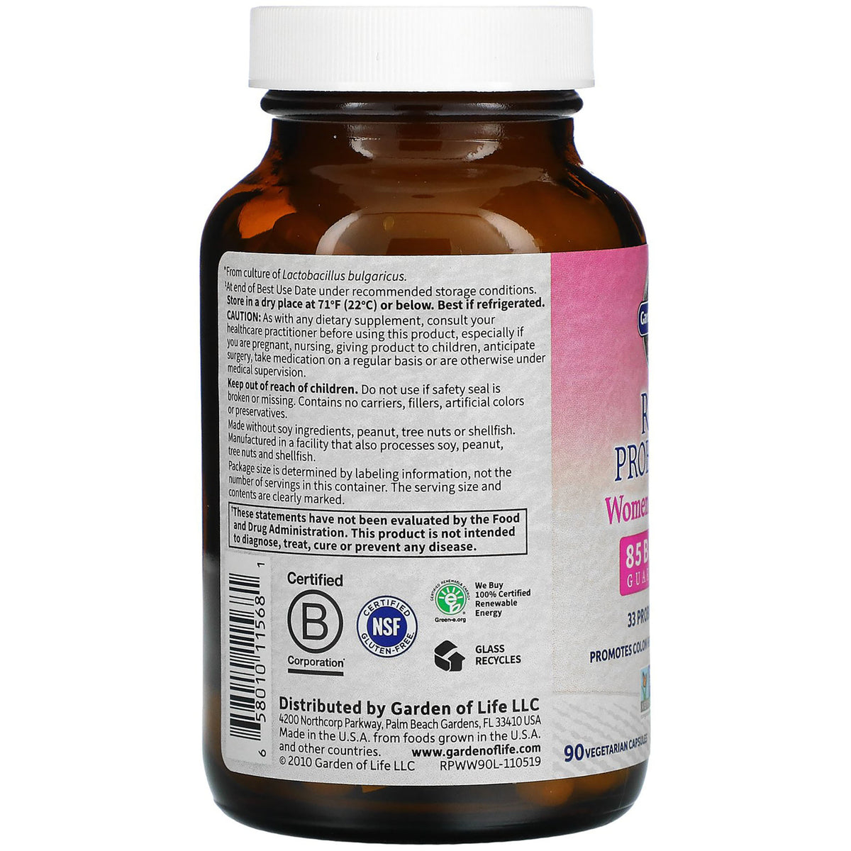 GLF133 | Back label of brown supplement bottle showing storage instructions, warnings, certifications and barcode