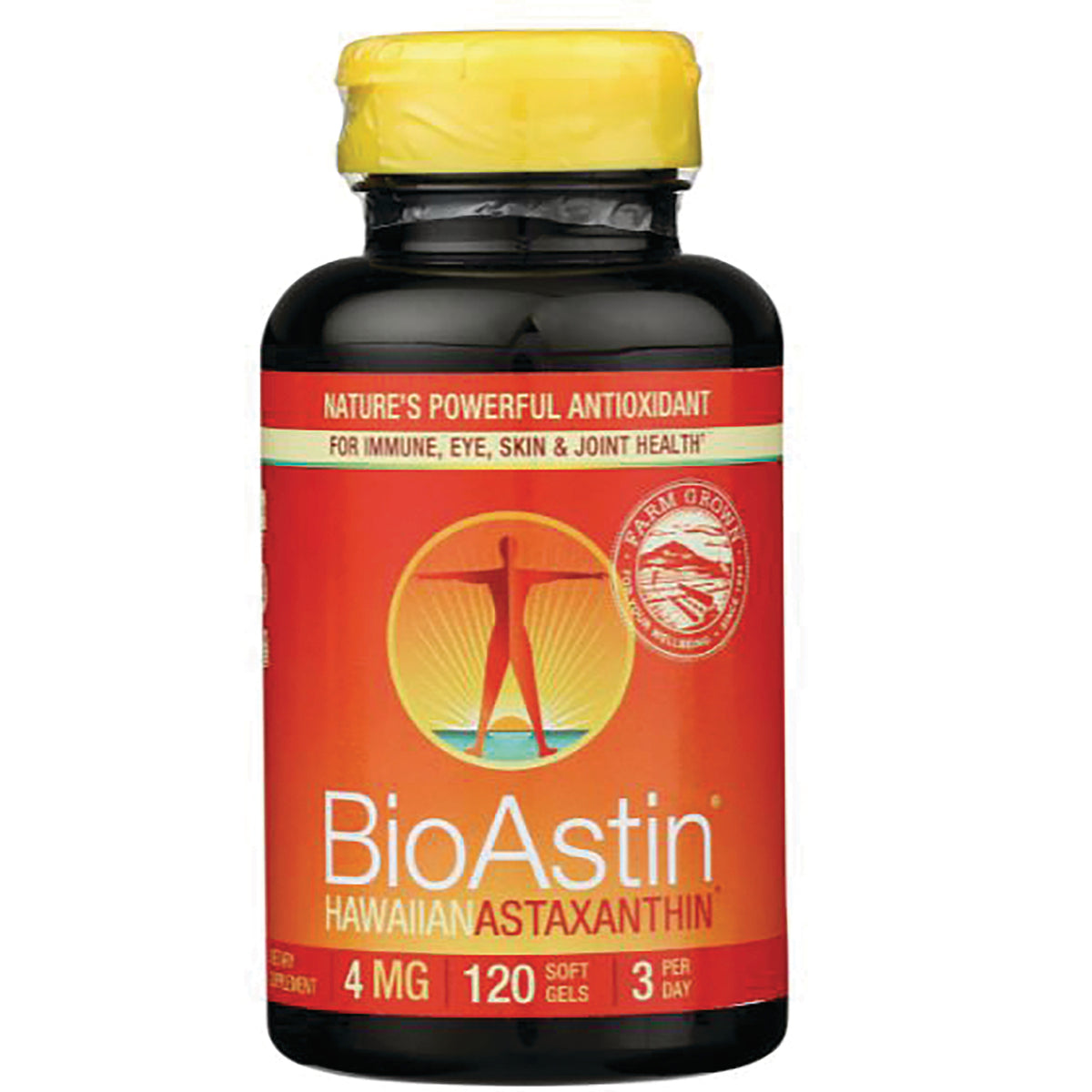 NUT006 | Front view of BioAstin Hawaiian Astaxanthin bottle with orange label showing 4 MG 120 soft gels