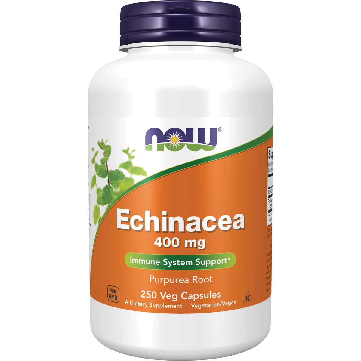 NWF672 | White bottle of NOW Echinacea 400 mg supplement, 250 veg capsules, front label