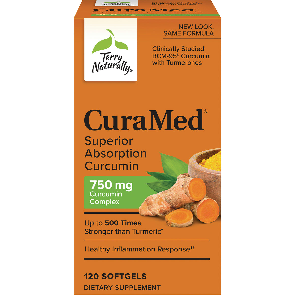 EUR025 | CuraMed Superior Absorption Curcumin 750 mg box with turmeric image and Terry Naturally logo, 120 softgels