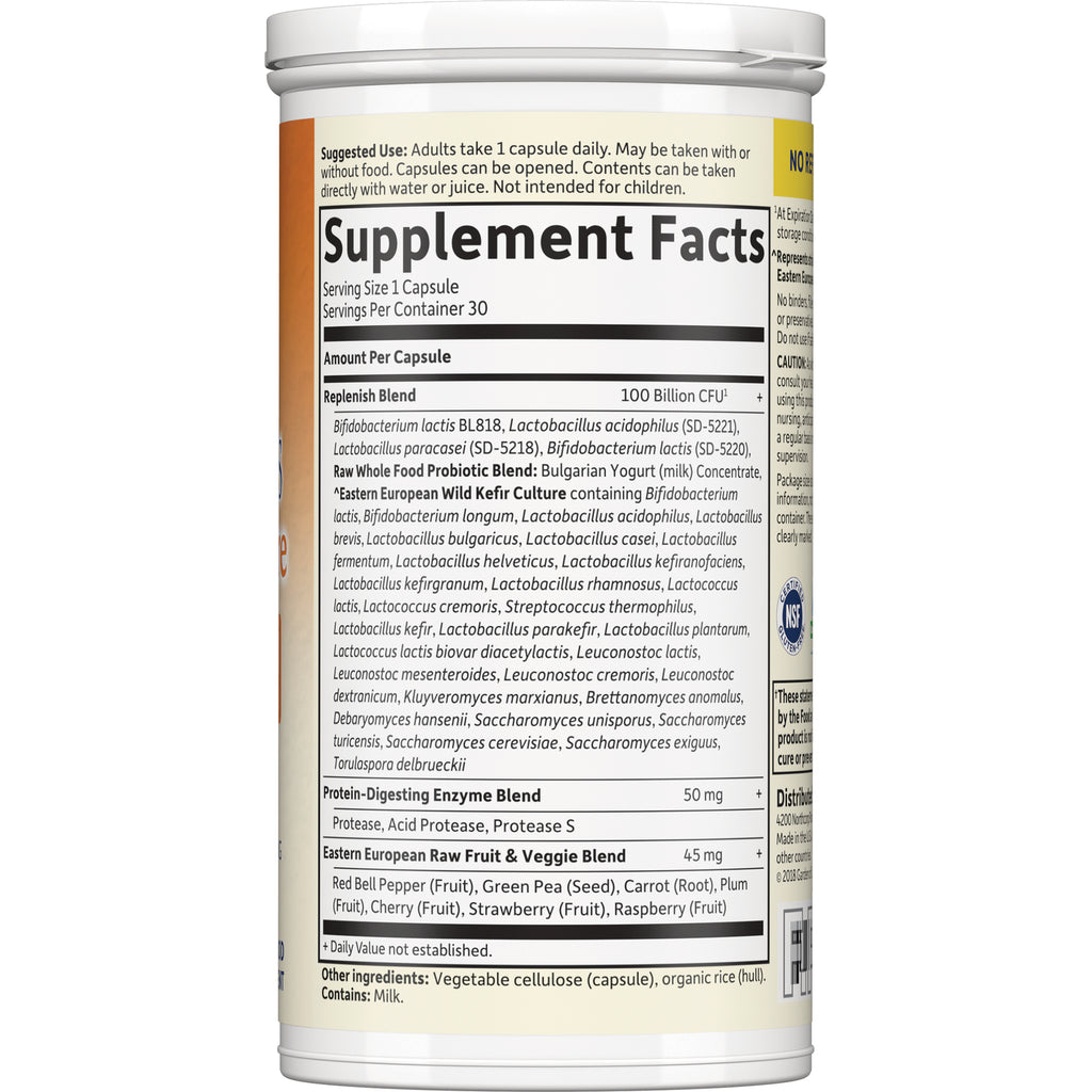 GLF364 | back label showing Supplement Facts panel with Replenish Blend, enzyme blend, fruit & veggie blend, serving size 1 capsule - Thumbnail