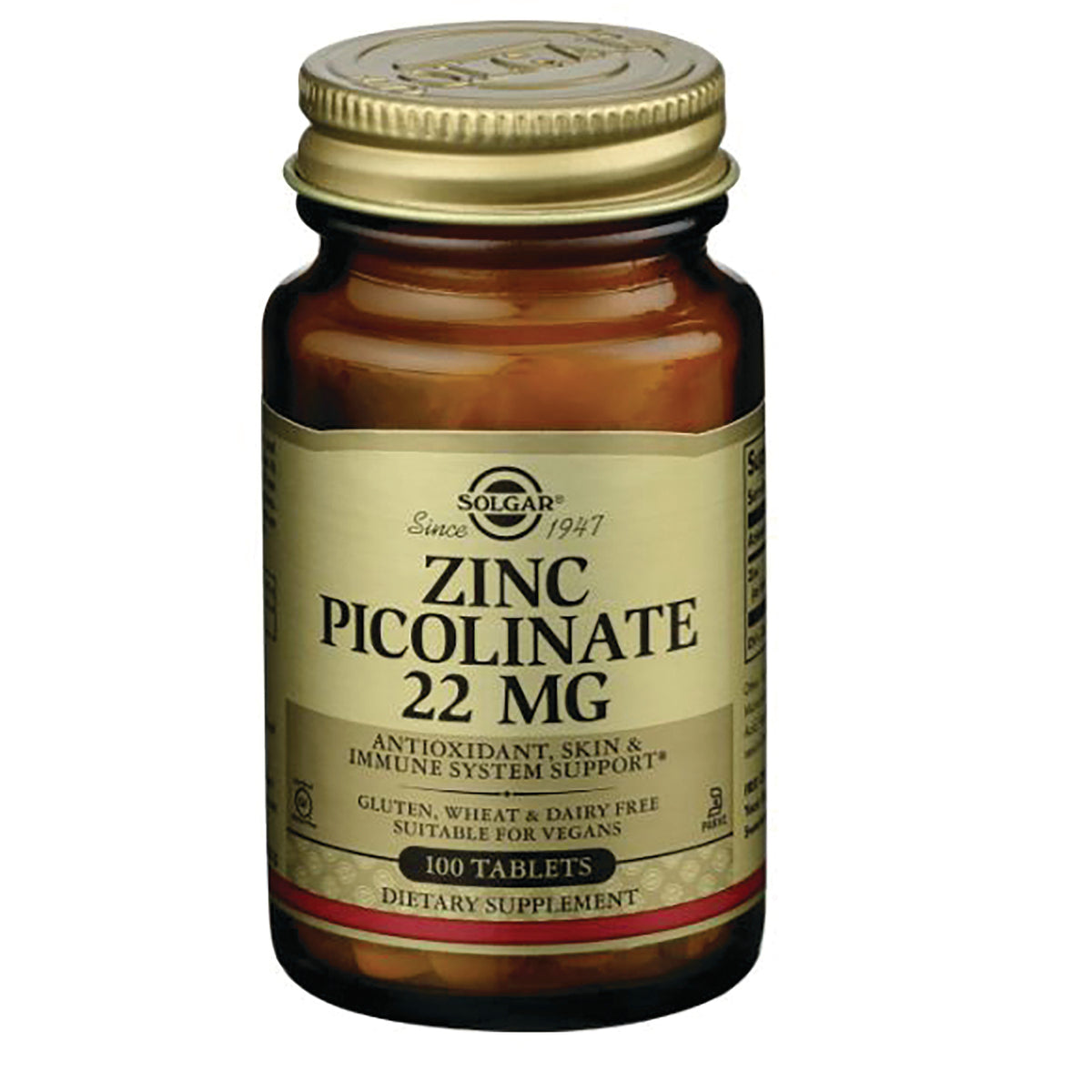 SLG255 | Solgar Zinc Picolinate 22 mg bottle, 100 tablets dietary supplement