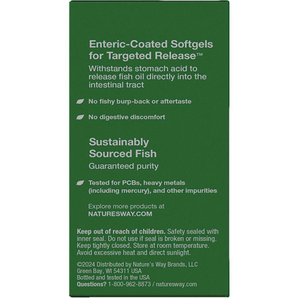 NW597 | green product info panel about enteric-coated softgels, sustainably sourced fish, testing, and storage warnings - Thumbnail