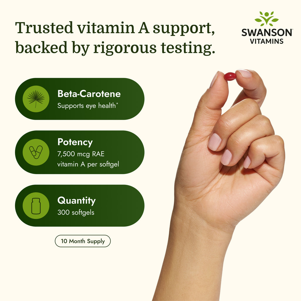 SW008 | Swanson Beta-Carotene bottle with callouts for 7,500 mcg vitamin A and eye health - Thumbnail
