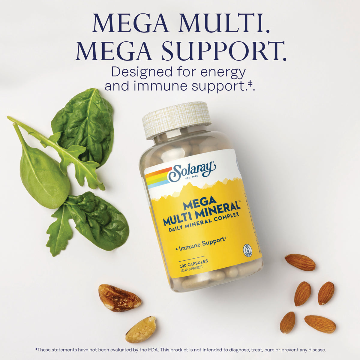 SLR549 | Solaray Mega Multi Mineral Complex bottle with Mega Multi. Mega Support. energy and immune support text