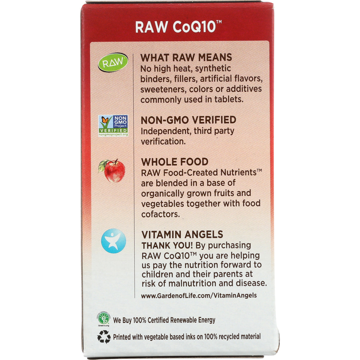 GLF135 | back of RAW CoQ10 box with non-GMO verified, whole food description and Vitamin Angels text