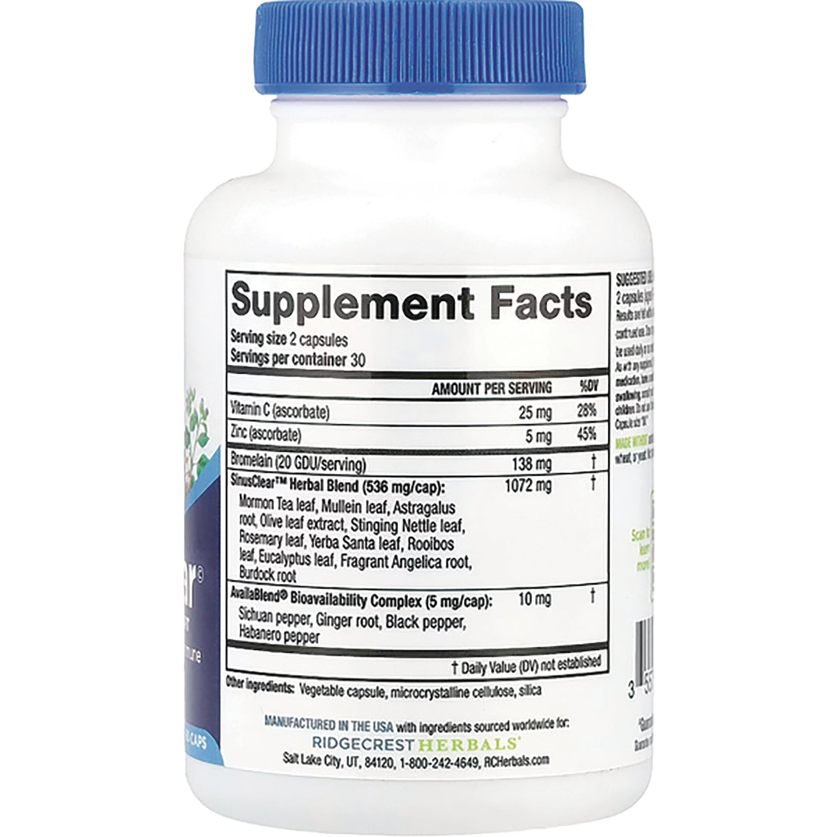 PH076 | Back of white supplement bottle showing Supplement Facts panel and ingredient table