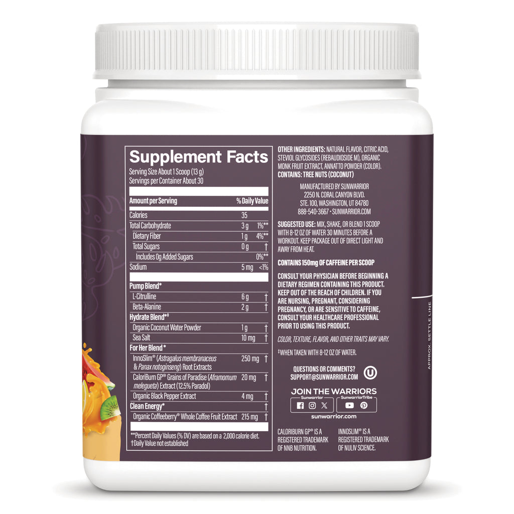 SNW057 | Back label with Supplement Facts, ingredients, directions, and 150 mg caffeine per scoop on supplement container - Thumbnail