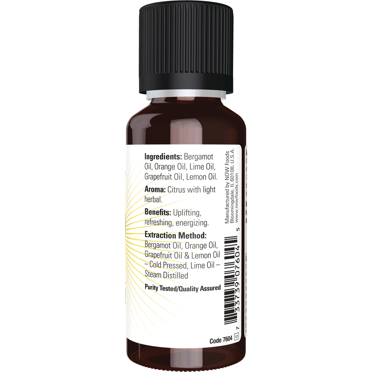 NWF1225 | Back label of amber essential oil bottle listing ingredients, aroma, benefits, extraction method and barcode