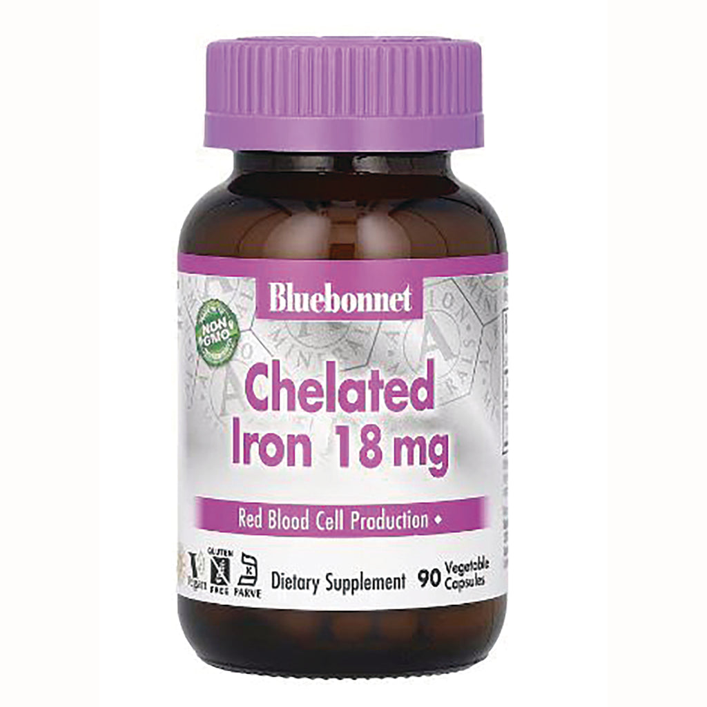 BLU067 | Bluebonnet bottle labeled Chelated Iron 18 mg dietary supplement with purple cap, 90 vegetable capsules - Thumbnail